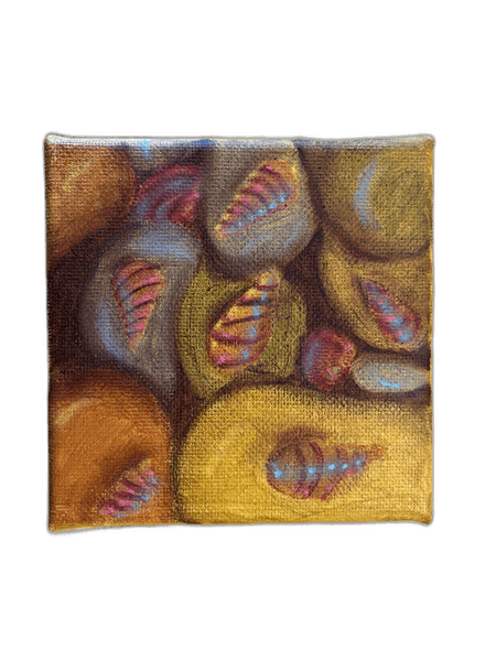 Square canvas with shells and stones in gold and ochre