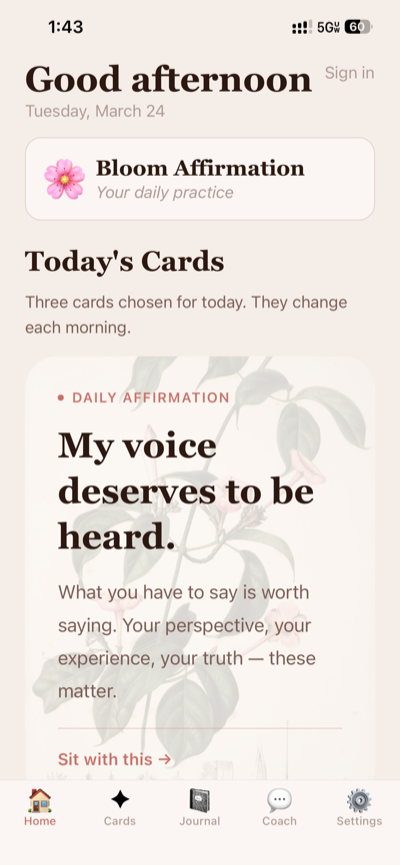 Bloom home screen with daily affirmation card
