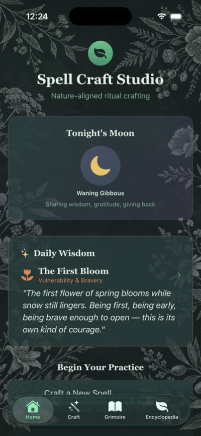 SpellCraft home screen showing moon phase and daily wisdom